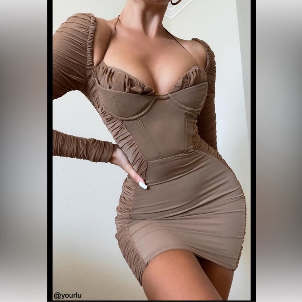 House of CB ‘Sebastian’ Mocha Ruched Mini Dress NWOT